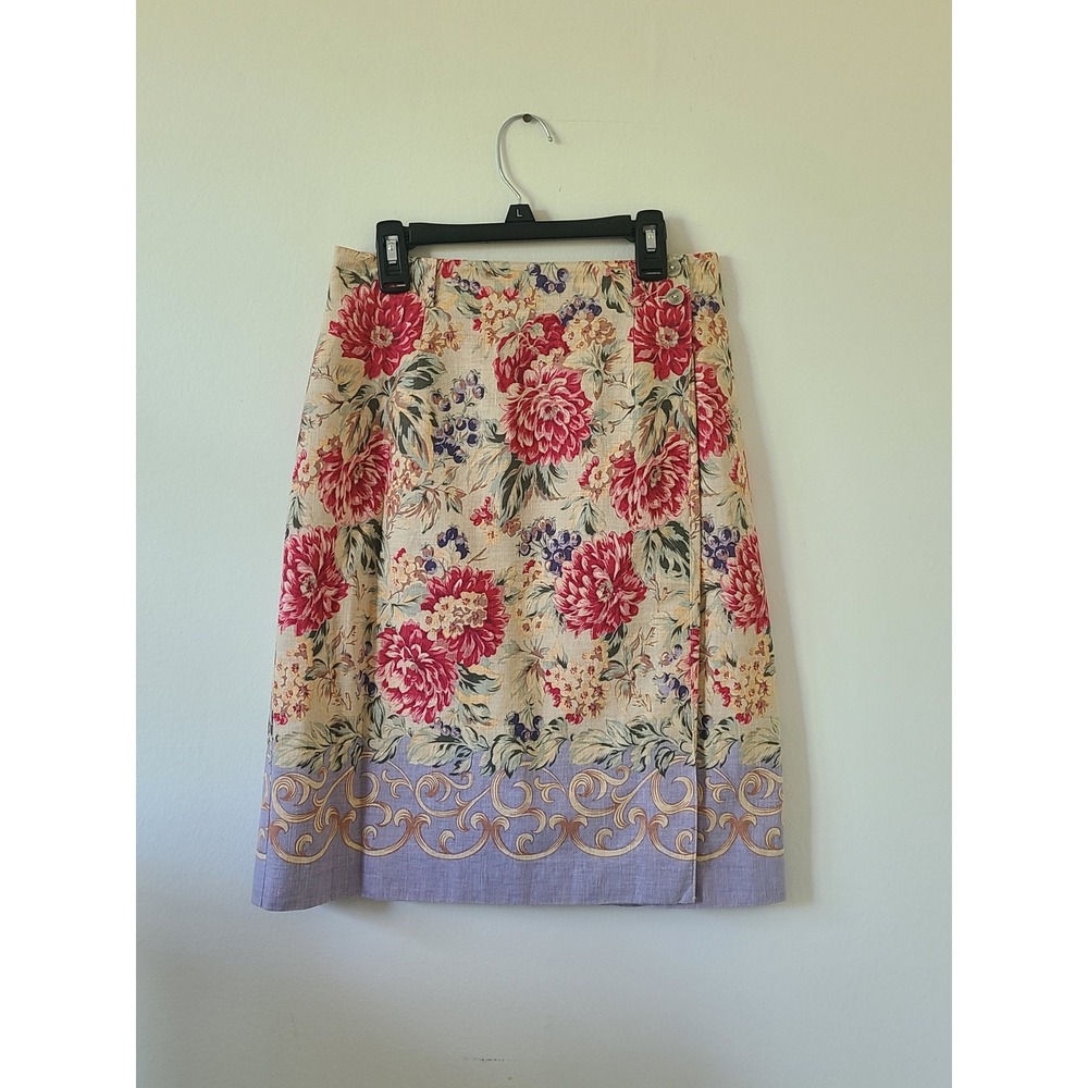 90's Talbots Floral Linen Cotton Wrap Skirt Purple Tan Pink Size 6